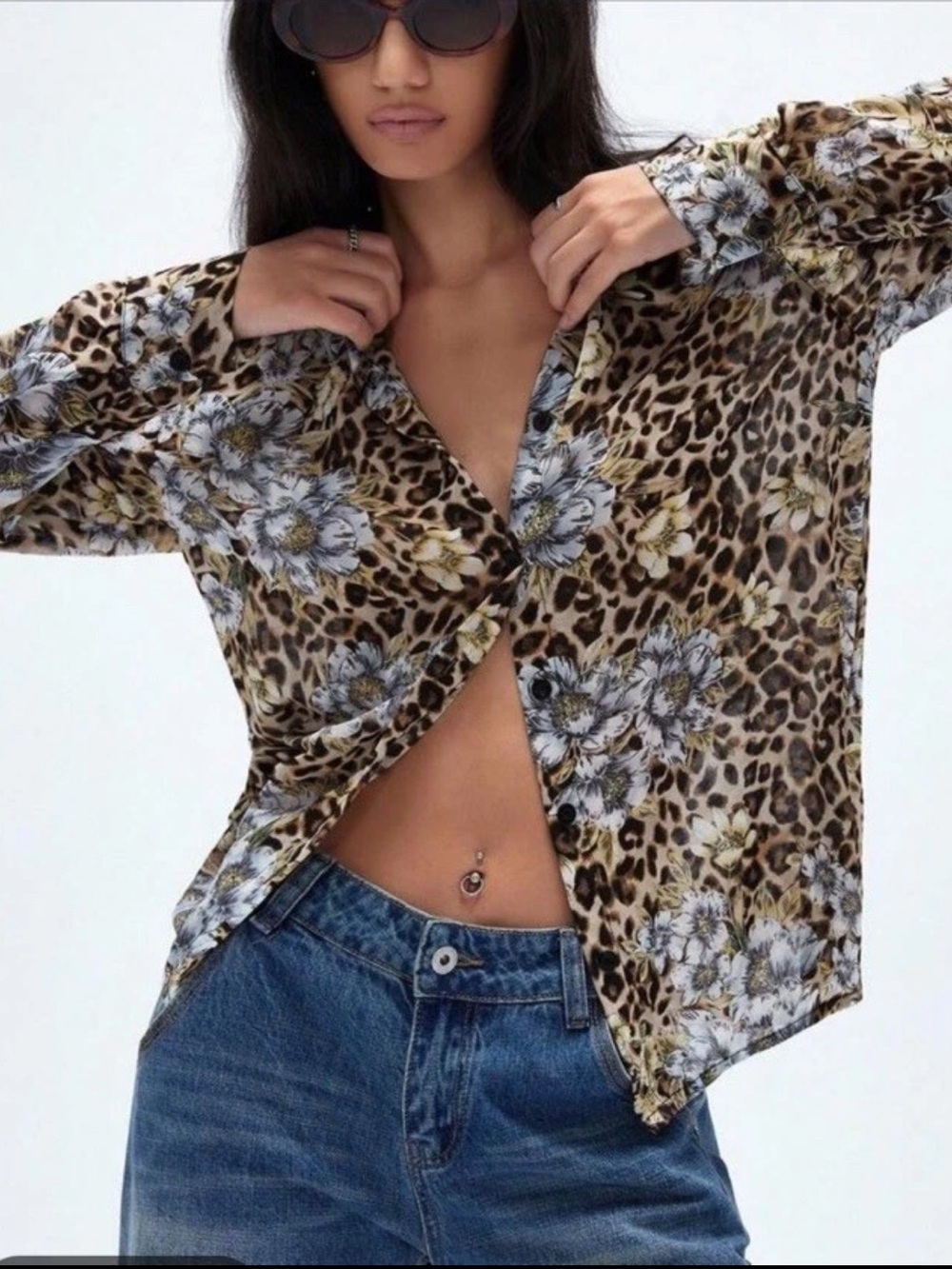 Vintage Y2K Animal Print Button Up Womens XS Floral Sheer Mob Wife Indie Sleaze